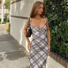Y2K Plaid Slip Midi Dress