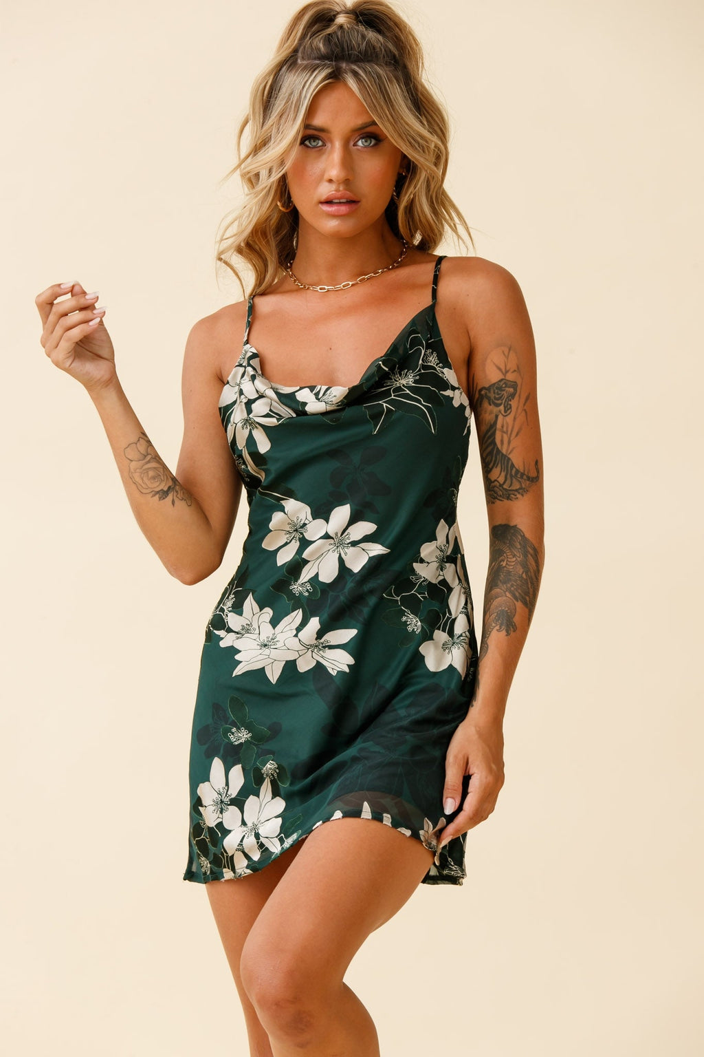 Show Me Love Cowl Neck Mini Dress Flower Print Green