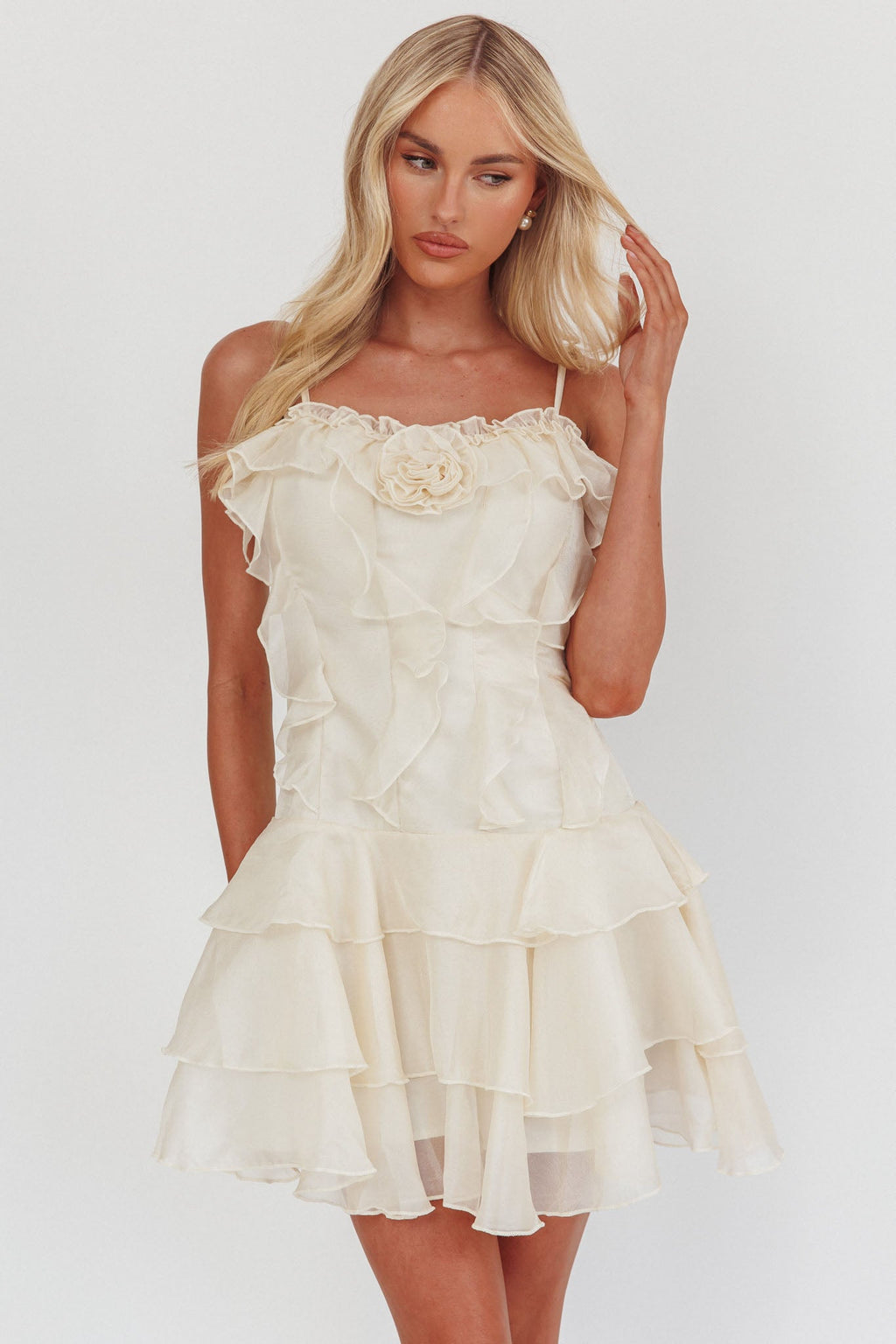 Sweetest Things Frill Trim Rosette Mini Dress Cream