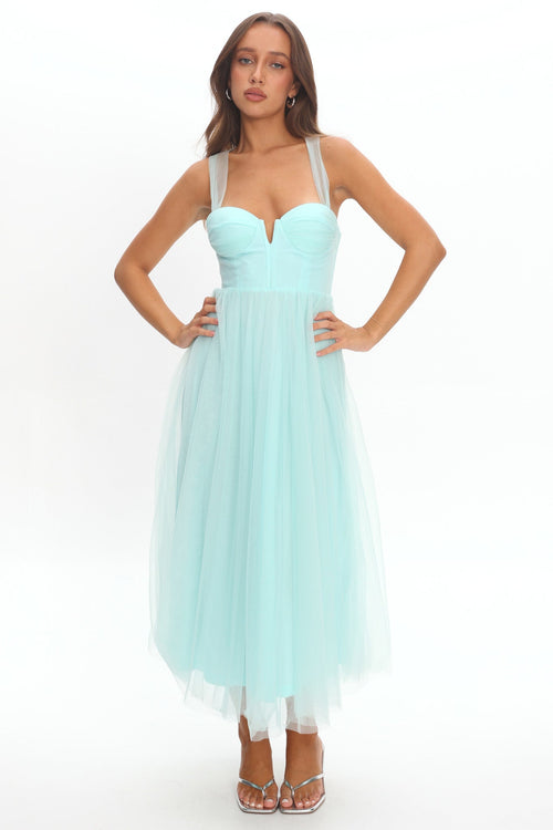 Surreal Lace-Up Back Tulle Midi Dress Mint
