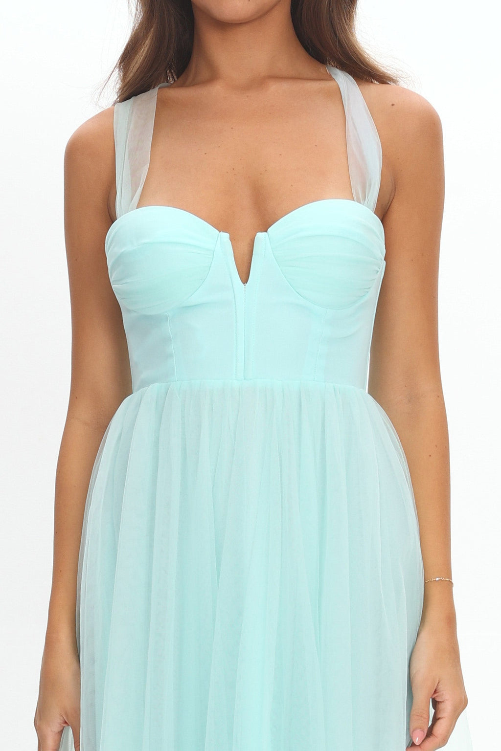 Surreal Lace-Up Back Tulle Midi Dress Mint
