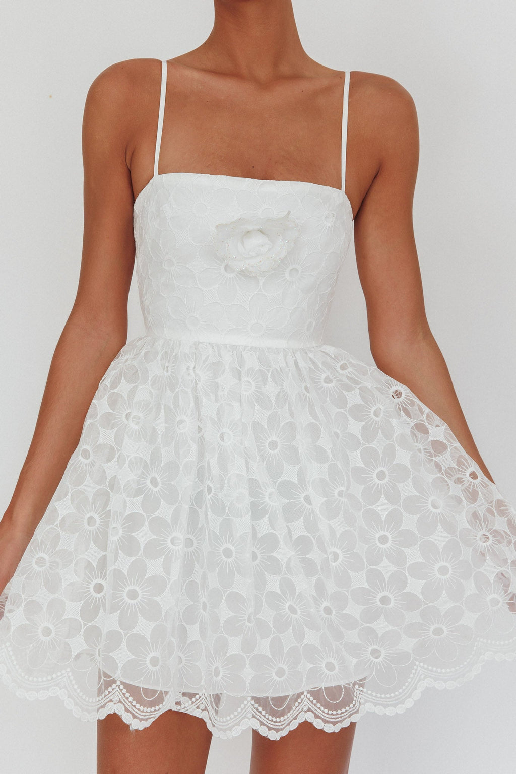 Bahia A-Line Square Neckline Mini Dress Lace White