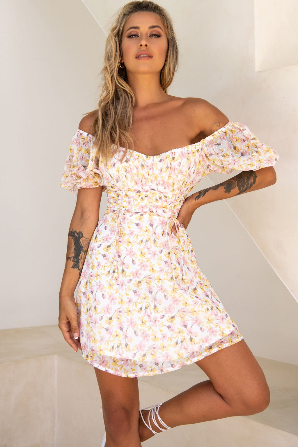 Bright Side Off-Shoulder Puff Sleeve Dress Floral Print Pink/Yellow