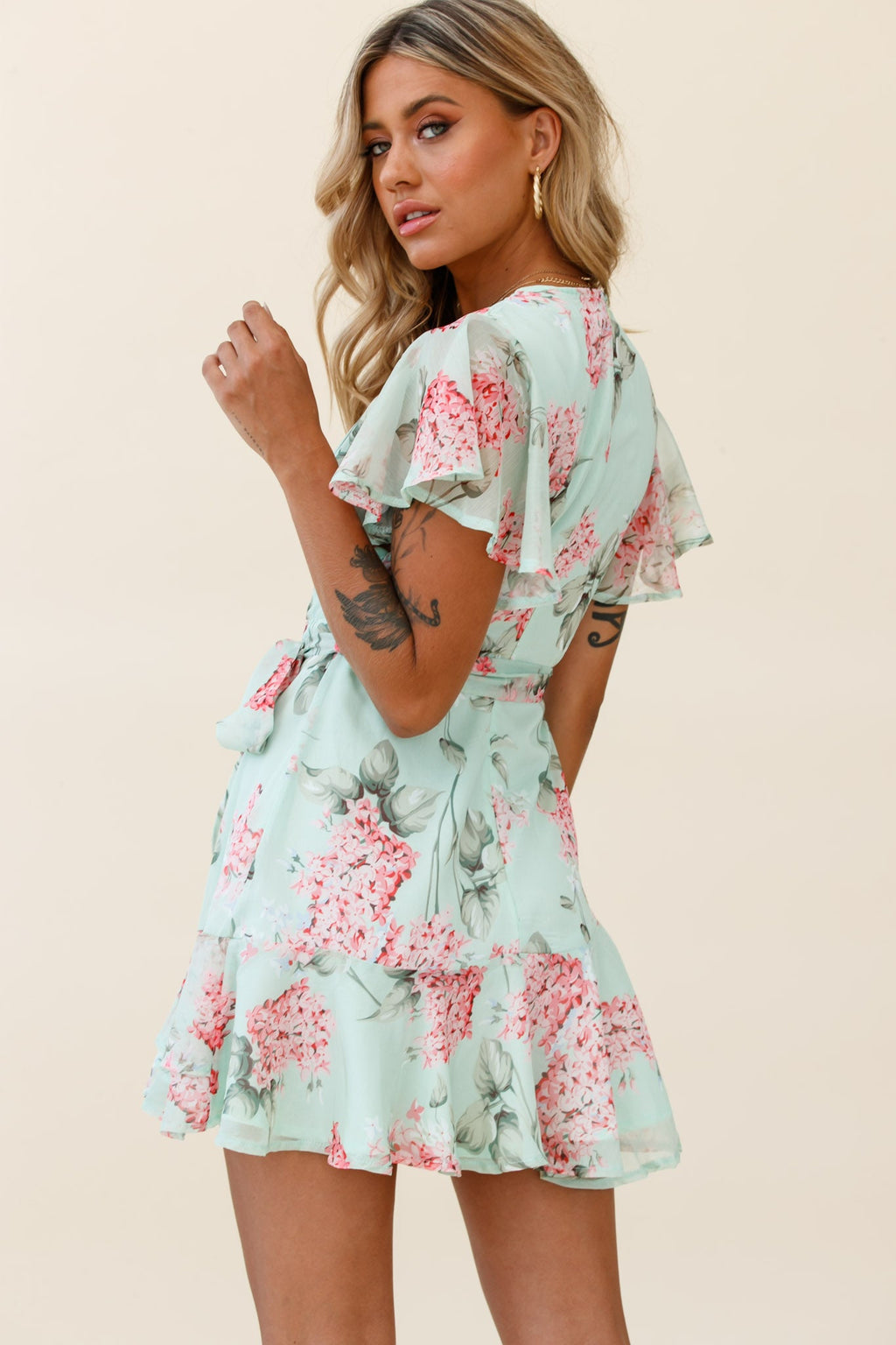 Cami Angel Sleeve Faux Wrap Dress Hydrangea Print Mint/Pink