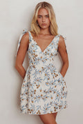 Glam Up Tied Shoulder Mini Dress Leaves Beige